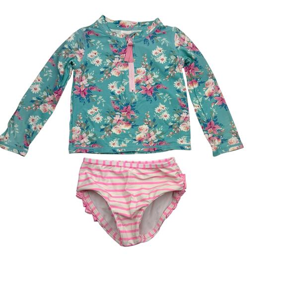 RuffleButts Floral & Striped Rashguard Tankini Swimsuit - Picture 1 of 9
